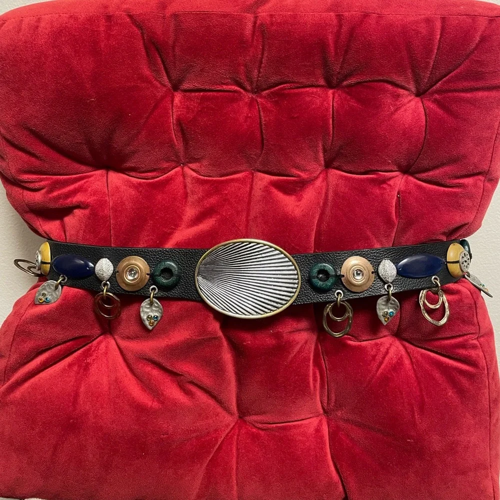 New Vintage design Adjustable Black Leather Embellished Belt bohemian hip charms
